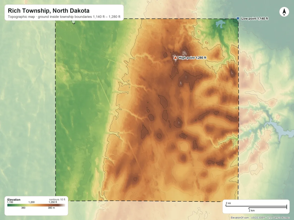 Topographic elevation map of Rich Township, North Dakota, shaded from 1,140 ft on the northeast side to 1,280 ft on the northeast side