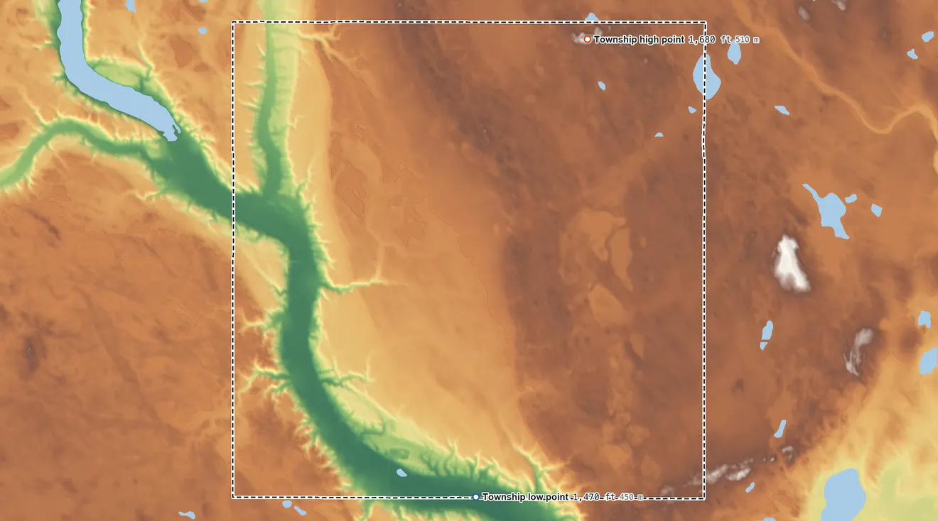 Topographic elevation map of Rich Valley Township, North Dakota, shaded from 1,470 ft on the south side to 1,680 ft on the northeast side