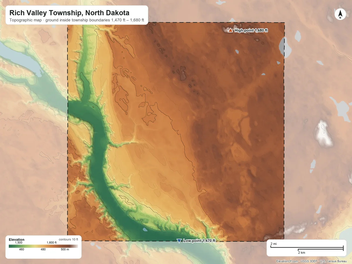 Topographic elevation map of Rich Valley Township, North Dakota, shaded from 1,470 ft on the south side to 1,680 ft on the northeast side