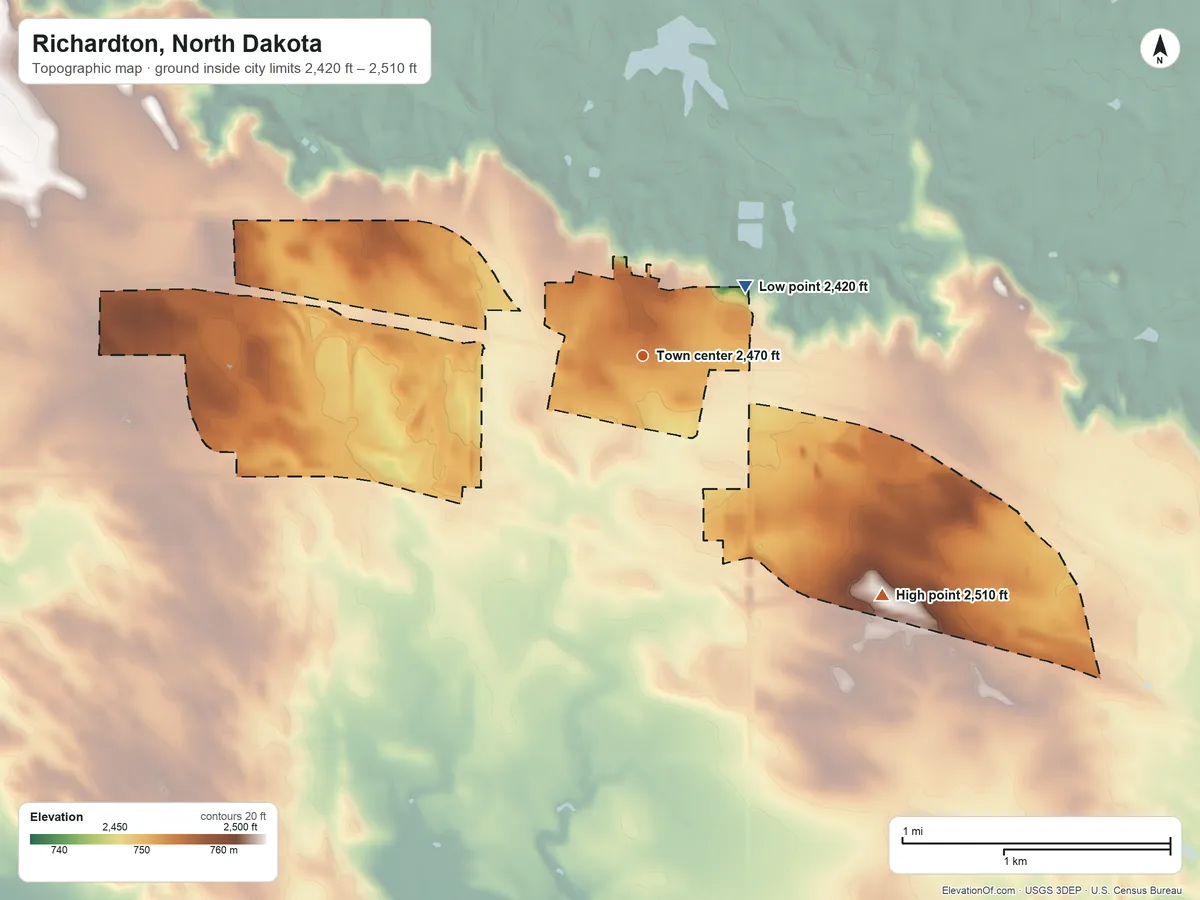 Topographic elevation map of Richardton, North Dakota, shaded from 2,420 ft on the northeast side to 2,510 ft on the southeast side