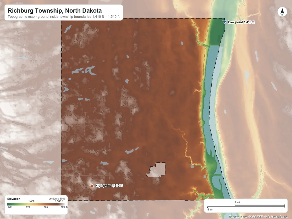 Topographic elevation map of Richburg Township, North Dakota, shaded from 1,410 ft on the northeast side to 1,510 ft on the southwest side