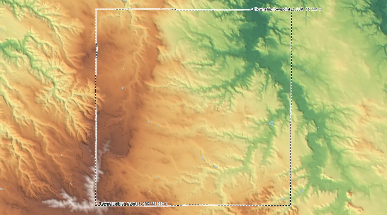Topographic elevation map of Richland Center Township, North Dakota, shaded from 2,530 ft on the northeast side to 3,150 ft on the southwest side