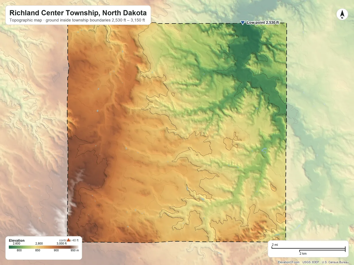 Topographic elevation map of Richland Center Township, North Dakota, shaded from 2,530 ft on the northeast side to 3,150 ft on the southwest side