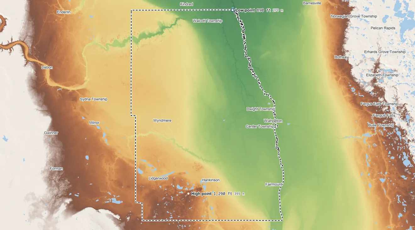Topographic elevation map of Richland County, North Dakota, shaded from 890 ft on the north side to 1,290 ft on the south side