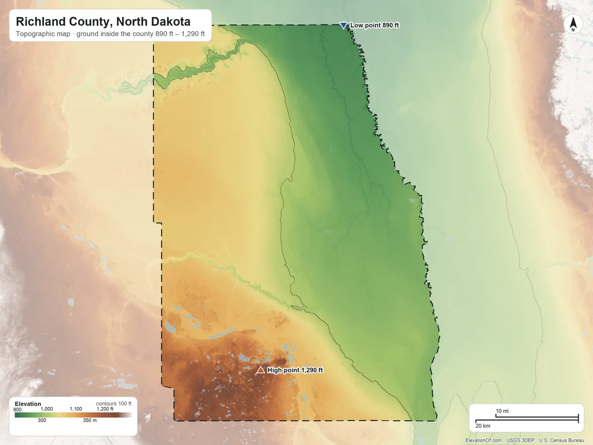 Topographic elevation map of Richland County, North Dakota, shaded from 890 ft on the north side to 1,290 ft on the south side