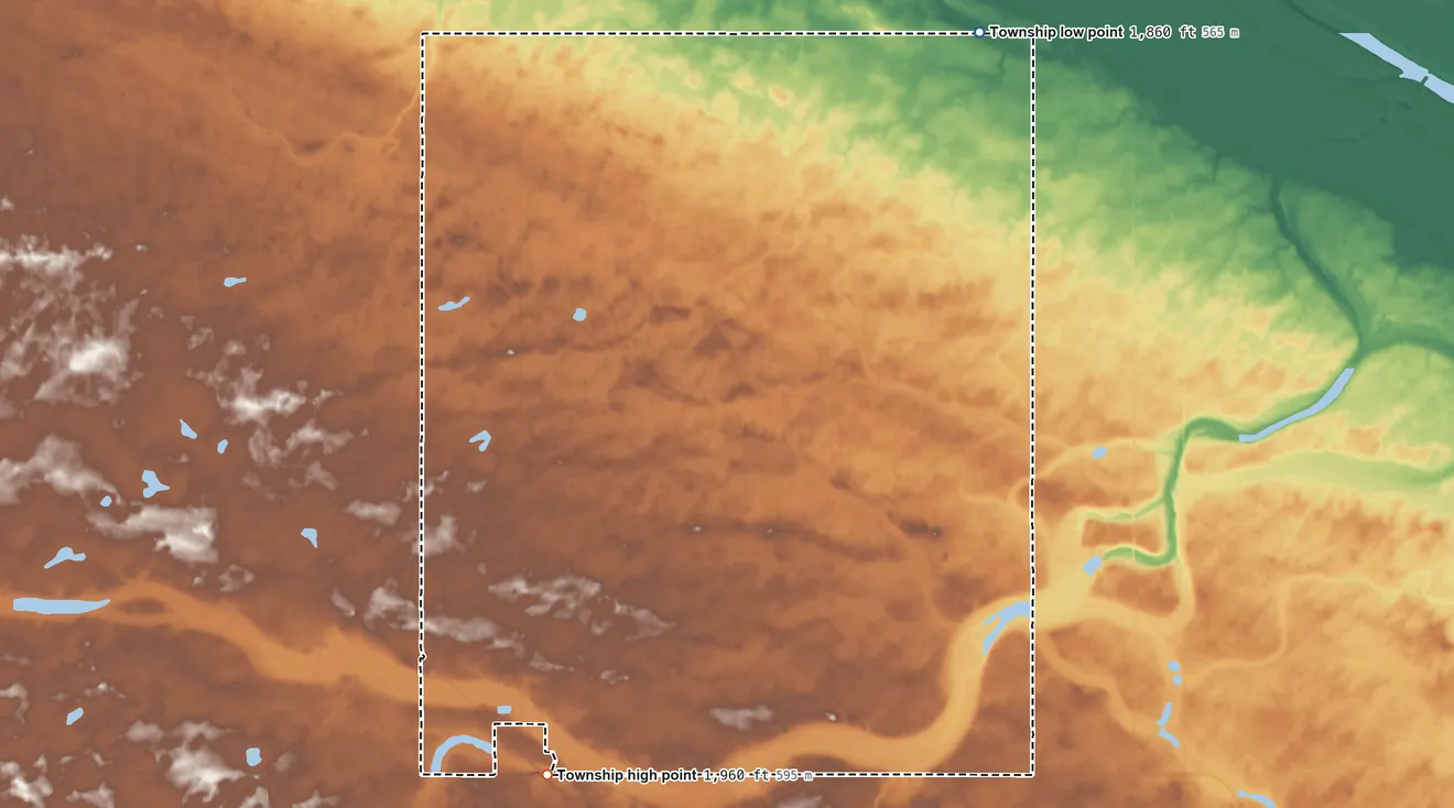 Topographic elevation map of Richland Township, North Dakota, shaded from 1,860 ft on the northeast side to 1,960 ft on the south side
