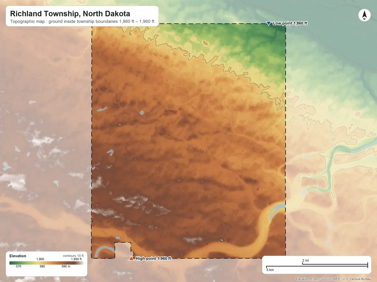 Topographic elevation map of Richland Township, North Dakota, shaded from 1,860 ft on the northeast side to 1,960 ft on the south side