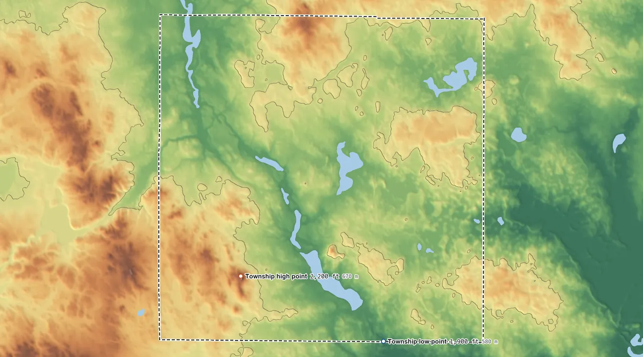 Topographic elevation map of Richmond Township, North Dakota, shaded from 1,900 ft on the south side to 2,200 ft on Haystack Butte