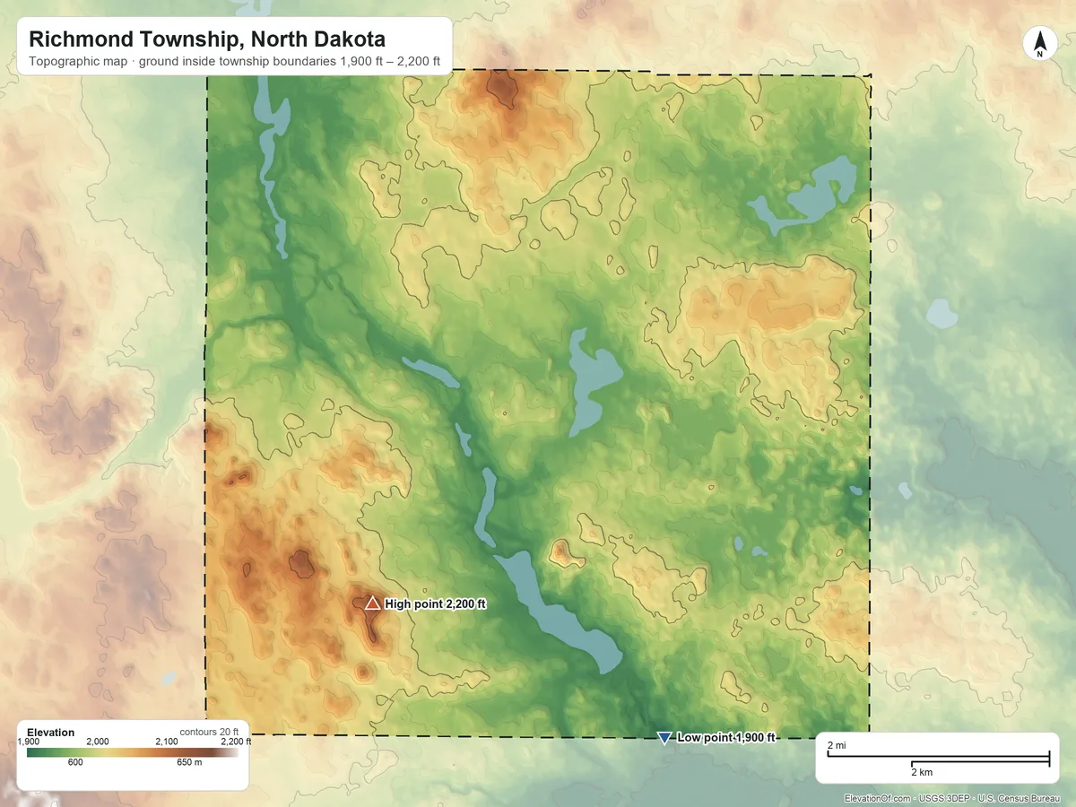 Topographic elevation map of Richmond Township, North Dakota, shaded from 1,900 ft on the south side to 2,200 ft on Haystack Butte