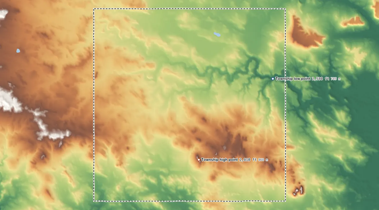 Topographic elevation map of Rifle Township, North Dakota, shaded from 2,580 ft on the northeast side to 2,810 ft on the south side