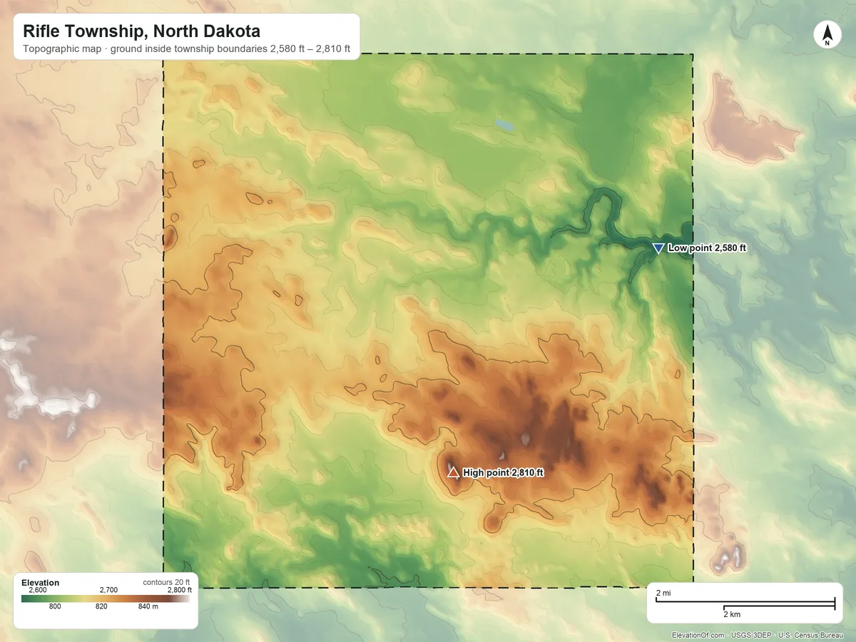 Topographic elevation map of Rifle Township, North Dakota, shaded from 2,580 ft on the northeast side to 2,810 ft on the south side