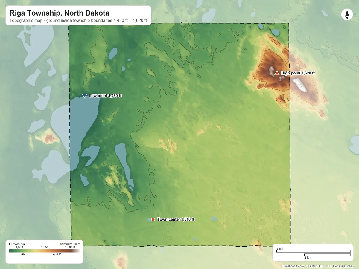 Topographic elevation map of Riga Township, North Dakota, shaded from 1,480 ft on the northwest side to 1,620 ft on the northeast side