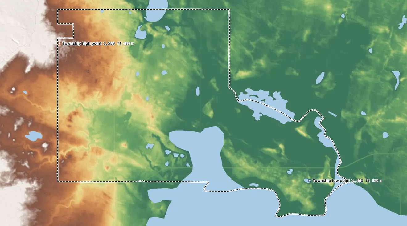 Topographic elevation map of Riggin Township, North Dakota, shaded from 1,450 ft on the southeast side to 1,580 ft on the northwest side