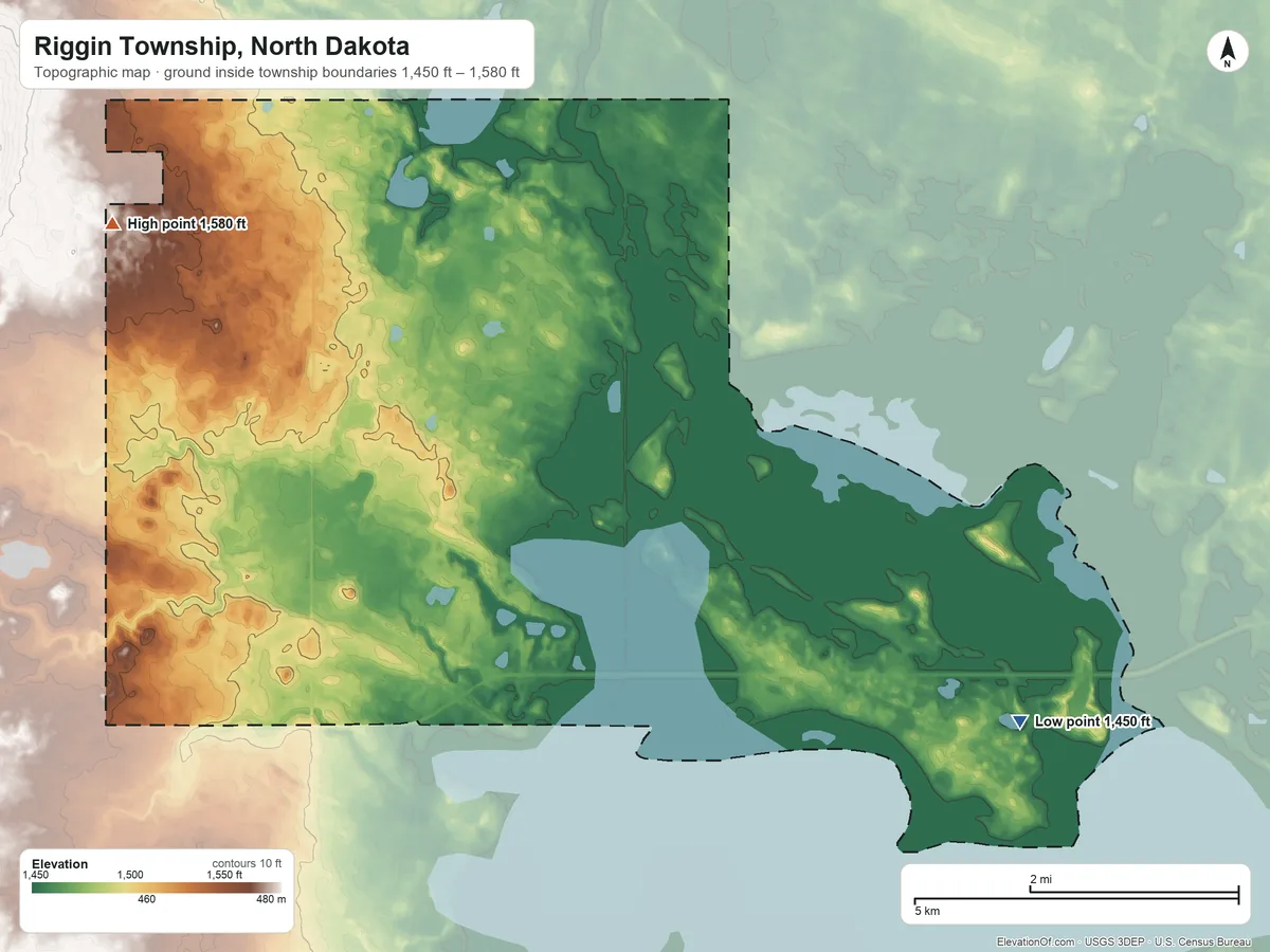 Topographic elevation map of Riggin Township, North Dakota, shaded from 1,450 ft on the southeast side to 1,580 ft on the northwest side