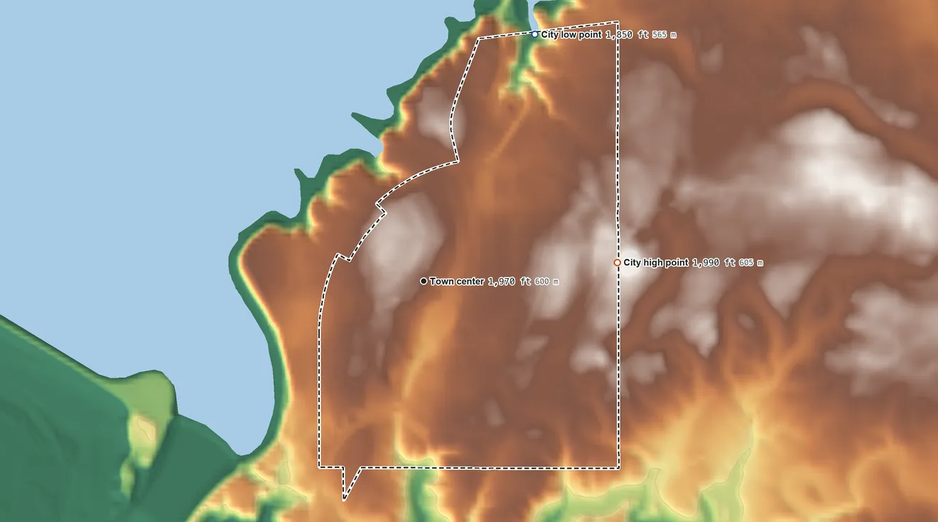 Topographic elevation map of Riverdale, North Dakota, shaded from 1,850 ft on the northeast side to 1,990 ft on the east side
