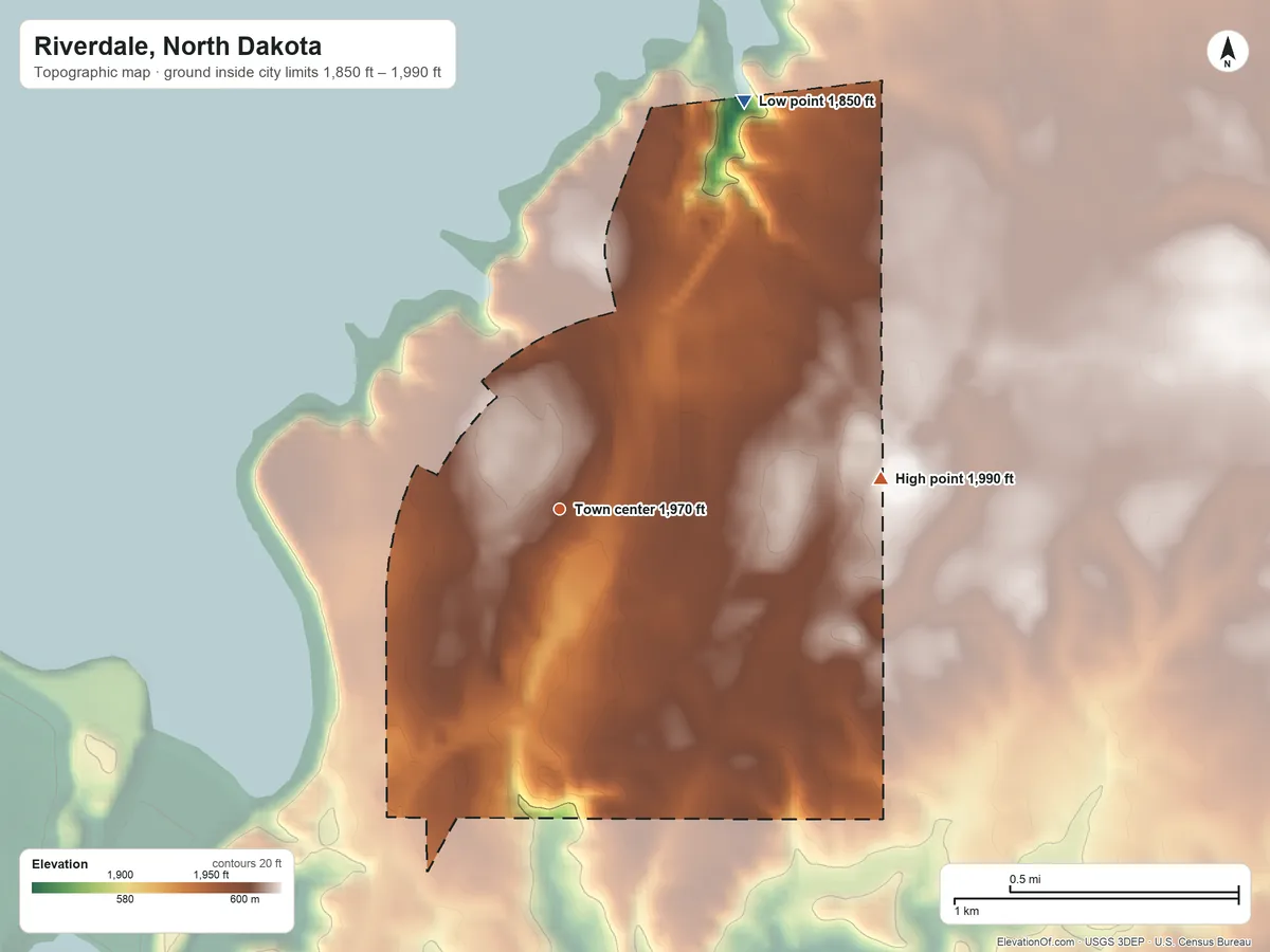 Topographic elevation map of Riverdale, North Dakota, shaded from 1,850 ft on the northeast side to 1,990 ft on the east side