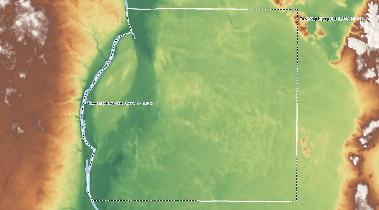 Topographic elevation map of Riverdale Township, North Dakota, shaded from 1,290 ft on the west side to 1,390 ft on the northeast side
