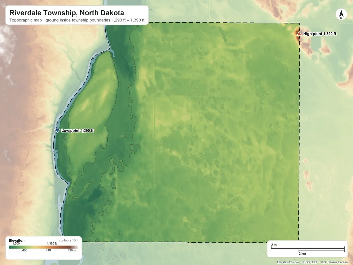 Topographic elevation map of Riverdale Township, North Dakota, shaded from 1,290 ft on the west side to 1,390 ft on the northeast side
