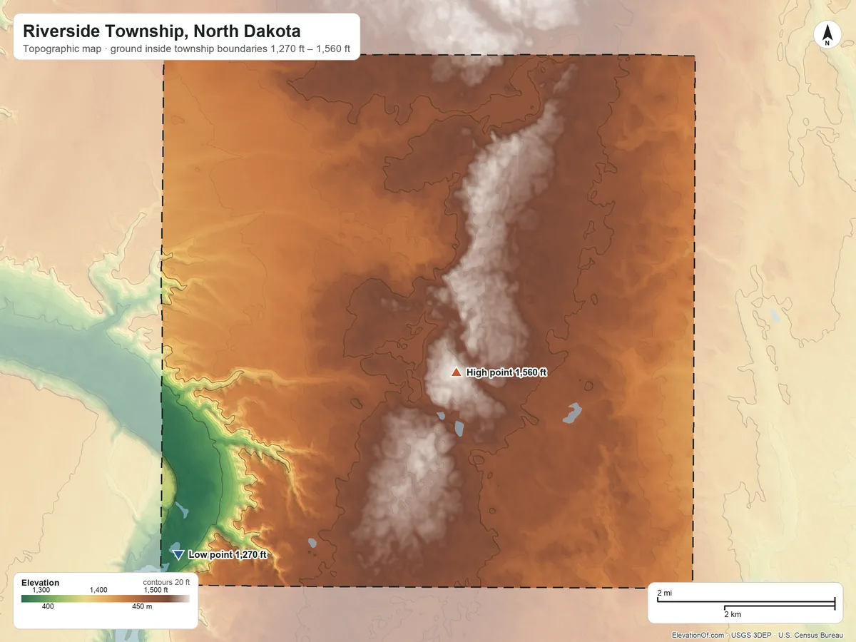 Topographic elevation map of Riverside Township, North Dakota, shaded from 1,270 ft on the southwest side to 1,560 ft on the south side