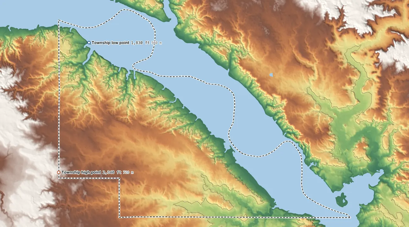 Topographic elevation map of Riverview Township, North Dakota, shaded from 1,830 ft on the northwest side to 2,340 ft on the southwest side