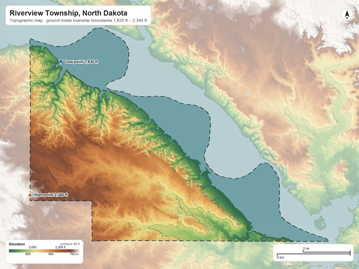 Topographic elevation map of Riverview Township, North Dakota, shaded from 1,830 ft on the northwest side to 2,340 ft on the southwest side