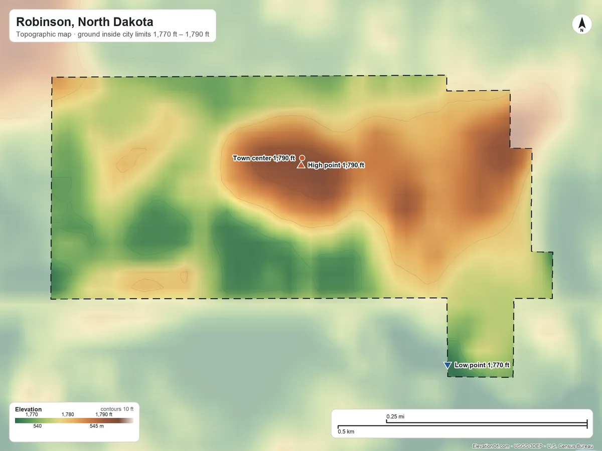 Topographic elevation map of Robinson, North Dakota, shaded from 1,770 ft on the southeast side to 1,790 ft near the middle