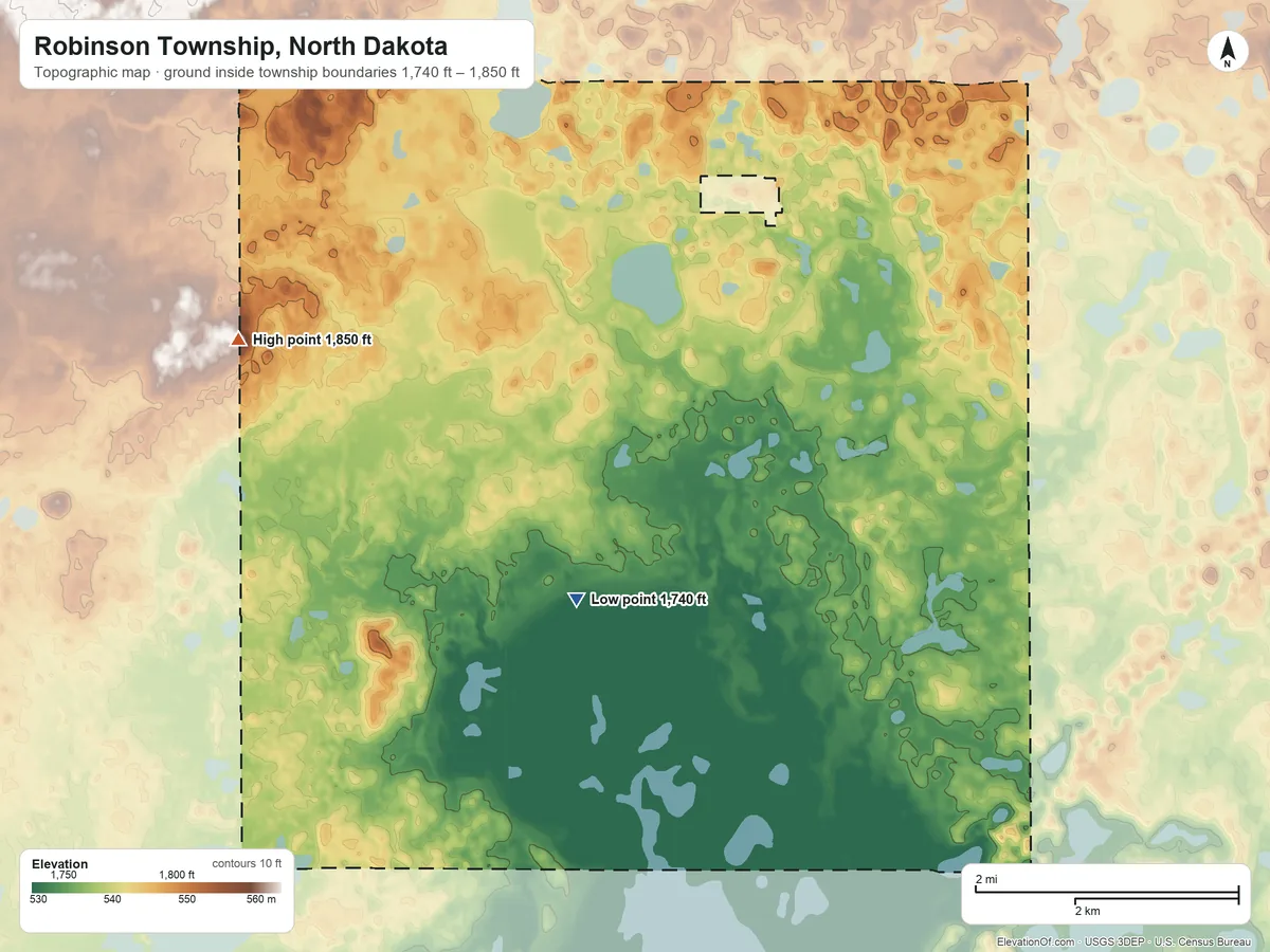 Topographic elevation map of Robinson Township, North Dakota, shaded from 1,740 ft on the southeast side to 1,850 ft on the west side