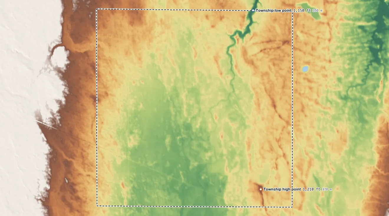 Topographic elevation map of Rochester Township, North Dakota, shaded from 1,150 ft on the northeast side to 1,210 ft on the southeast side