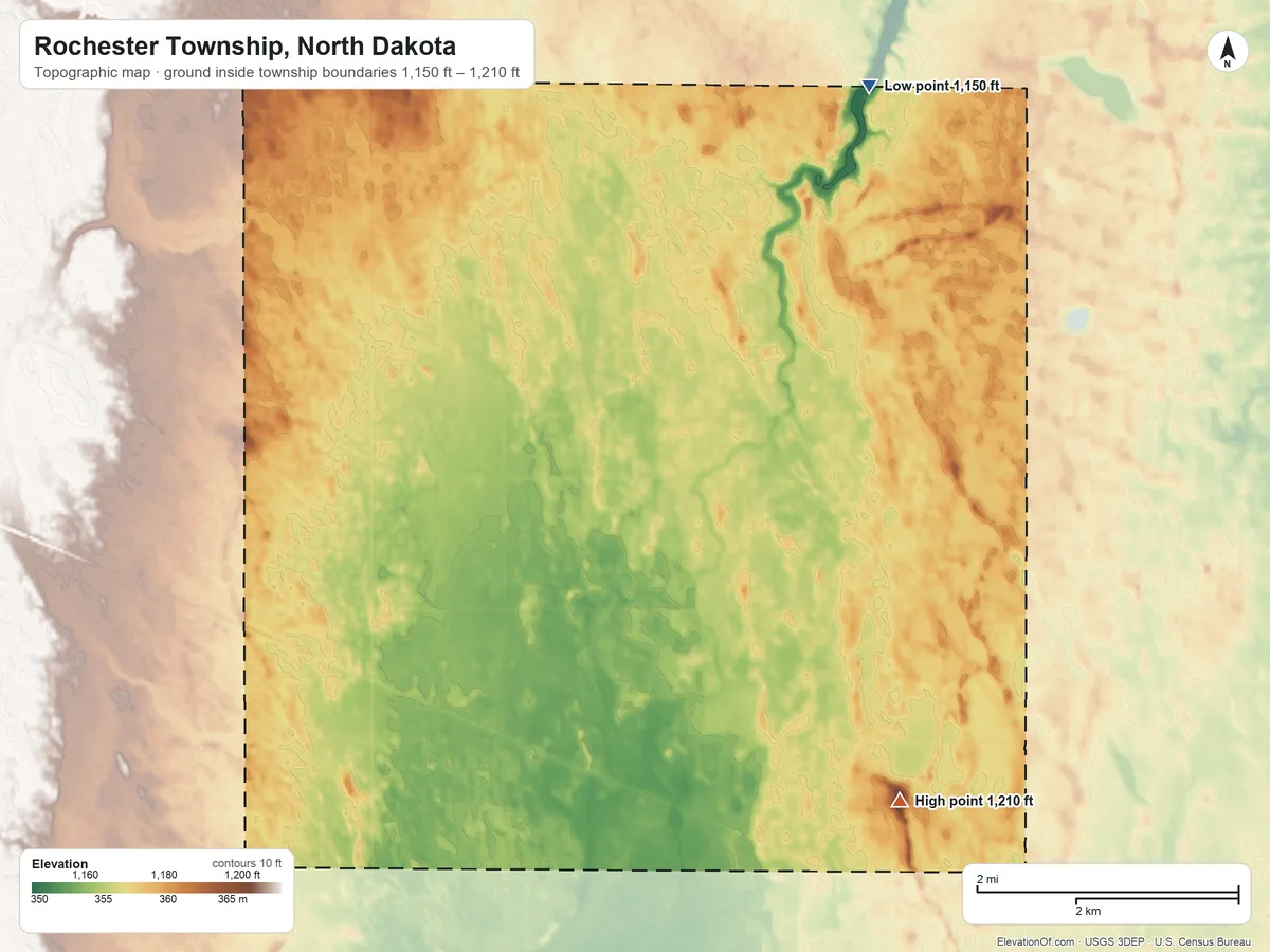 Topographic elevation map of Rochester Township, North Dakota, shaded from 1,150 ft on the northeast side to 1,210 ft on the southeast side