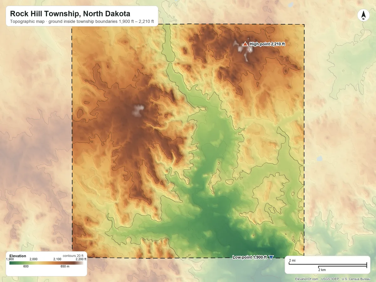 Topographic elevation map of Rock Hill Township, North Dakota, shaded from 1,900 ft on the southeast side to 2,210 ft on the east side