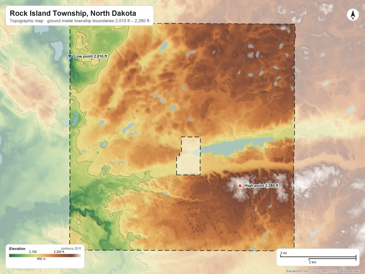 Topographic elevation map of Rock Island Township, North Dakota, shaded from 2,010 ft on the west side to 2,280 ft on the south side