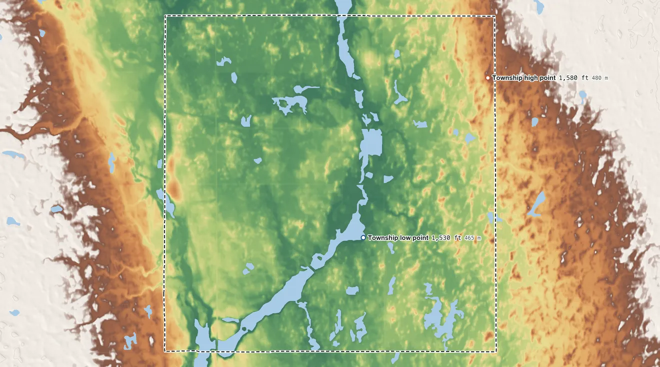 Topographic elevation map of Rock Lake Township, North Dakota, shaded from 1,530 ft on the northeast side to 1,580 ft on the northeast side
