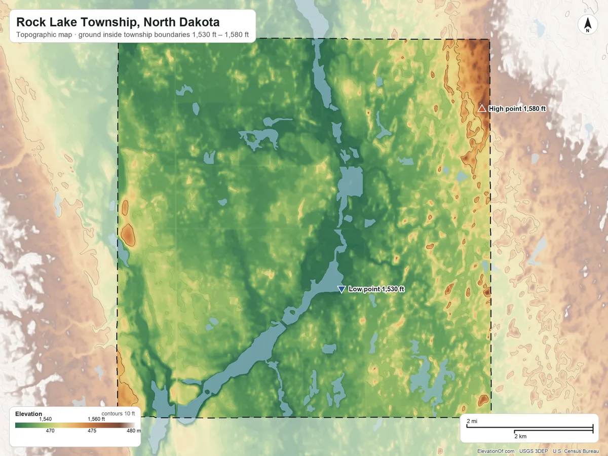 Topographic elevation map of Rock Lake Township, North Dakota, shaded from 1,530 ft on the northeast side to 1,580 ft on the northeast side