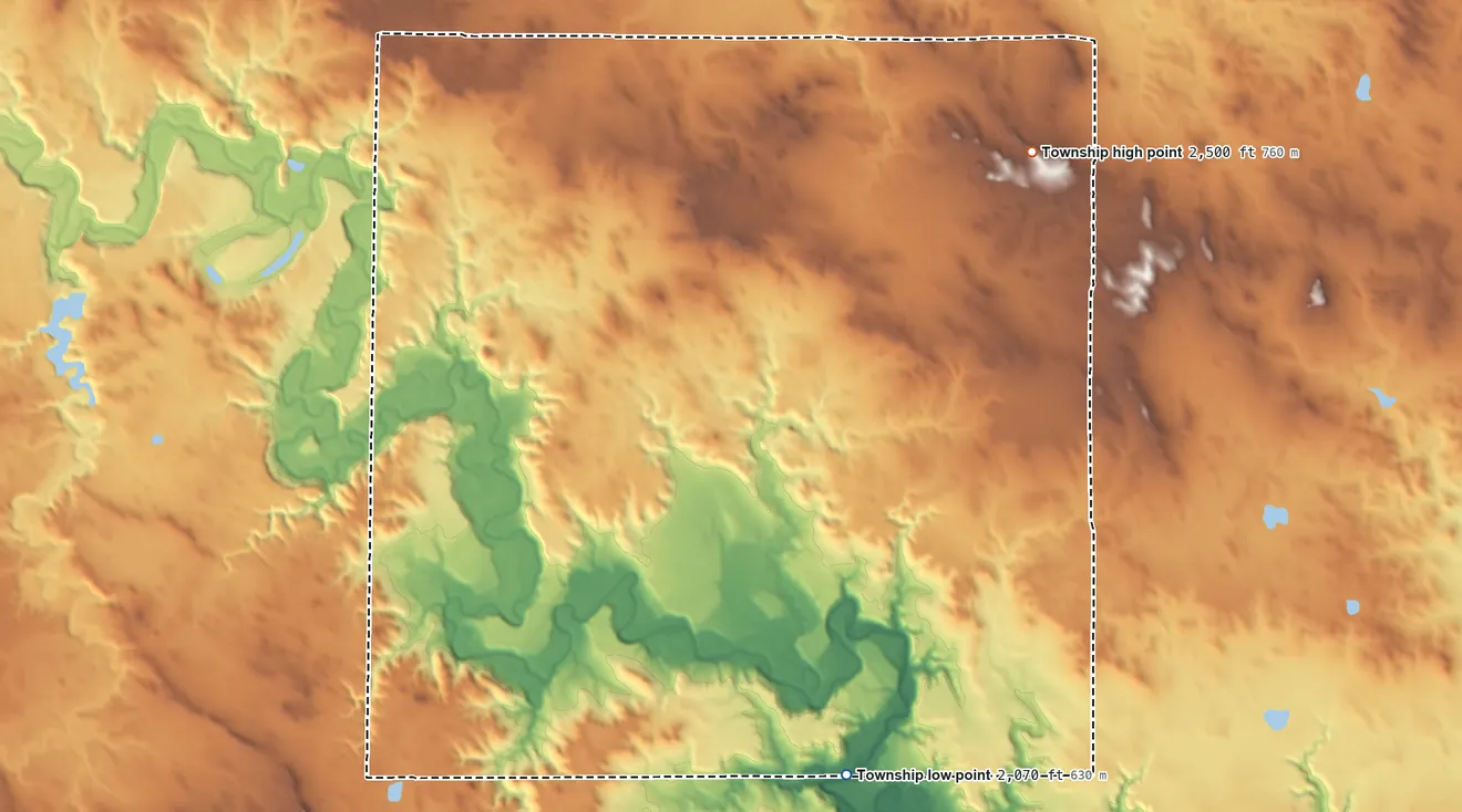 Topographic elevation map of Rock Township, Grant County, North Dakota, shaded from 2,070 ft on the south side to 2,500 ft on Spring Hill