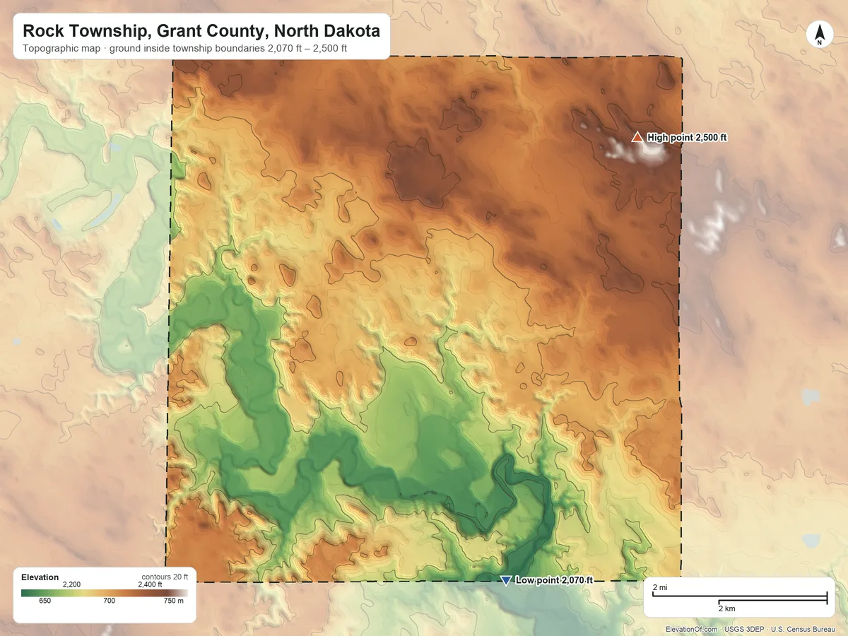 Topographic elevation map of Rock Township, Grant County, North Dakota, shaded from 2,070 ft on the south side to 2,500 ft on Spring Hill