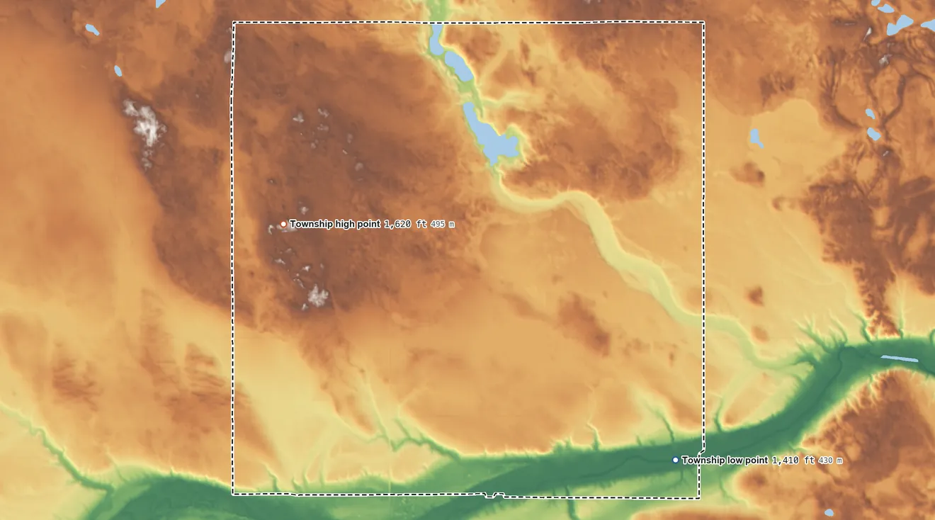 Topographic elevation map of Rock Township, North Dakota, shaded from 1,410 ft on the east side to 1,620 ft on the northwest side