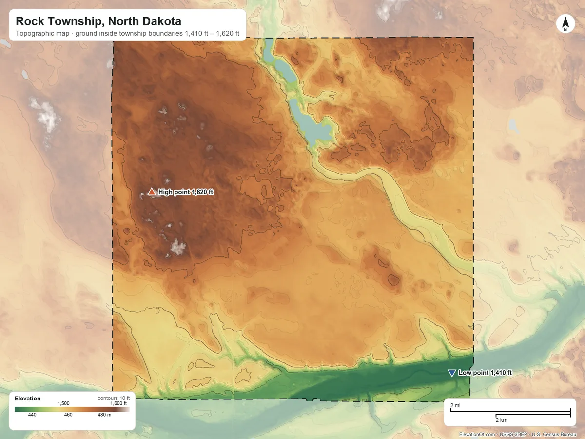 Topographic elevation map of Rock Township, North Dakota, shaded from 1,410 ft on the east side to 1,620 ft on the northwest side