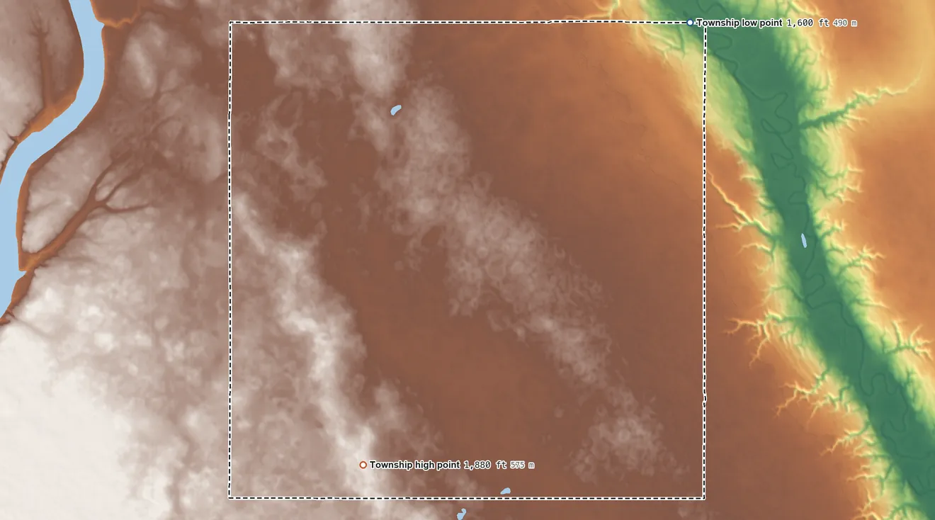 Topographic elevation map of Rockford Township, North Dakota, shaded from 1,600 ft on the northeast side to 1,880 ft on the south side