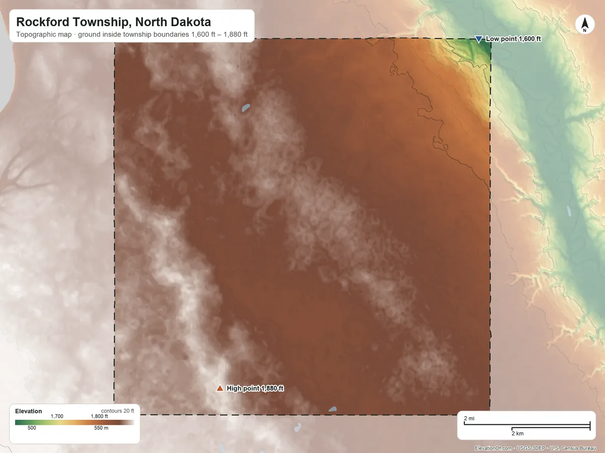 Topographic elevation map of Rockford Township, North Dakota, shaded from 1,600 ft on the northeast side to 1,880 ft on the south side
