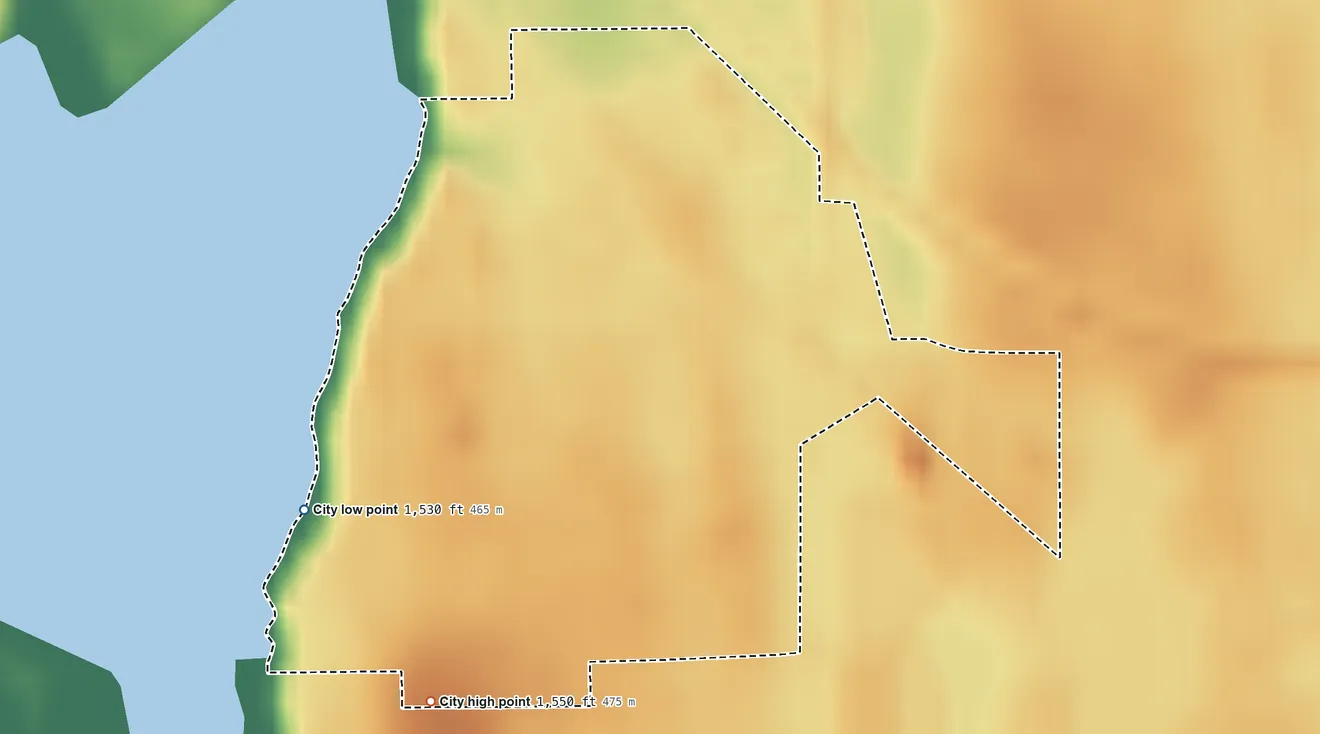 Topographic elevation map of Rocklake, North Dakota, shaded from 1,530 ft on the west side to 1,550 ft on the southwest side