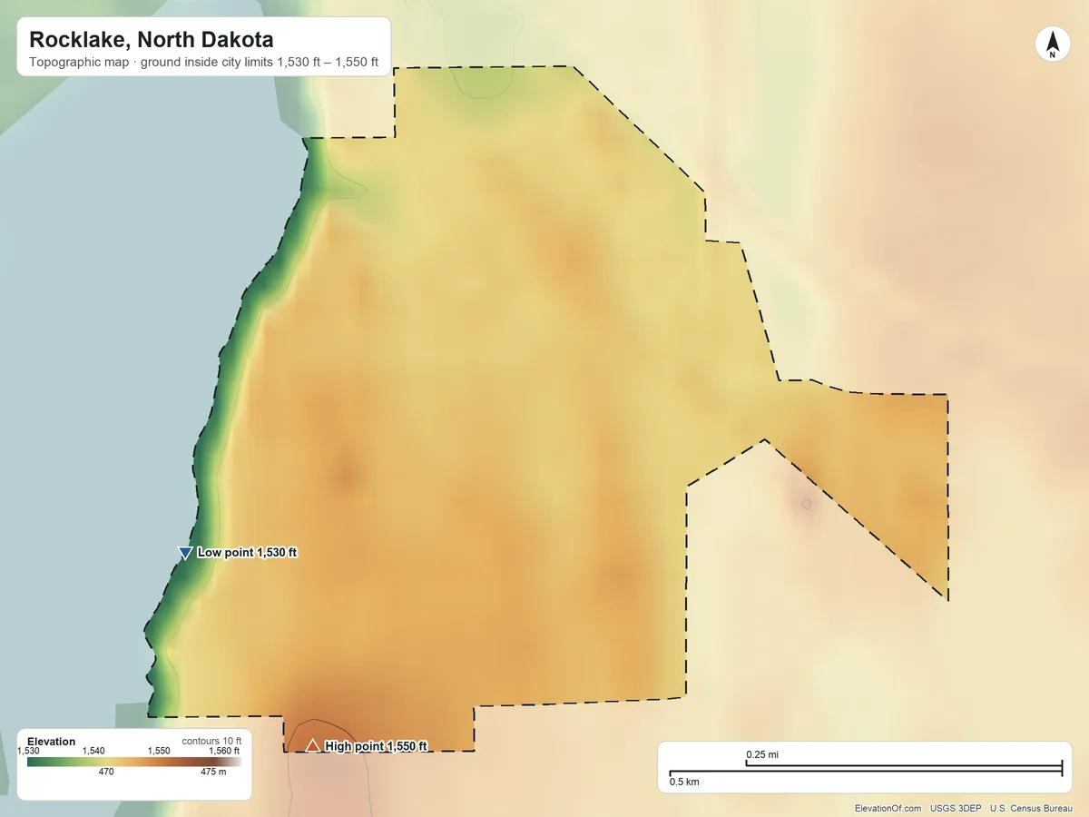 Topographic elevation map of Rocklake, North Dakota, shaded from 1,530 ft on the west side to 1,550 ft on the southwest side