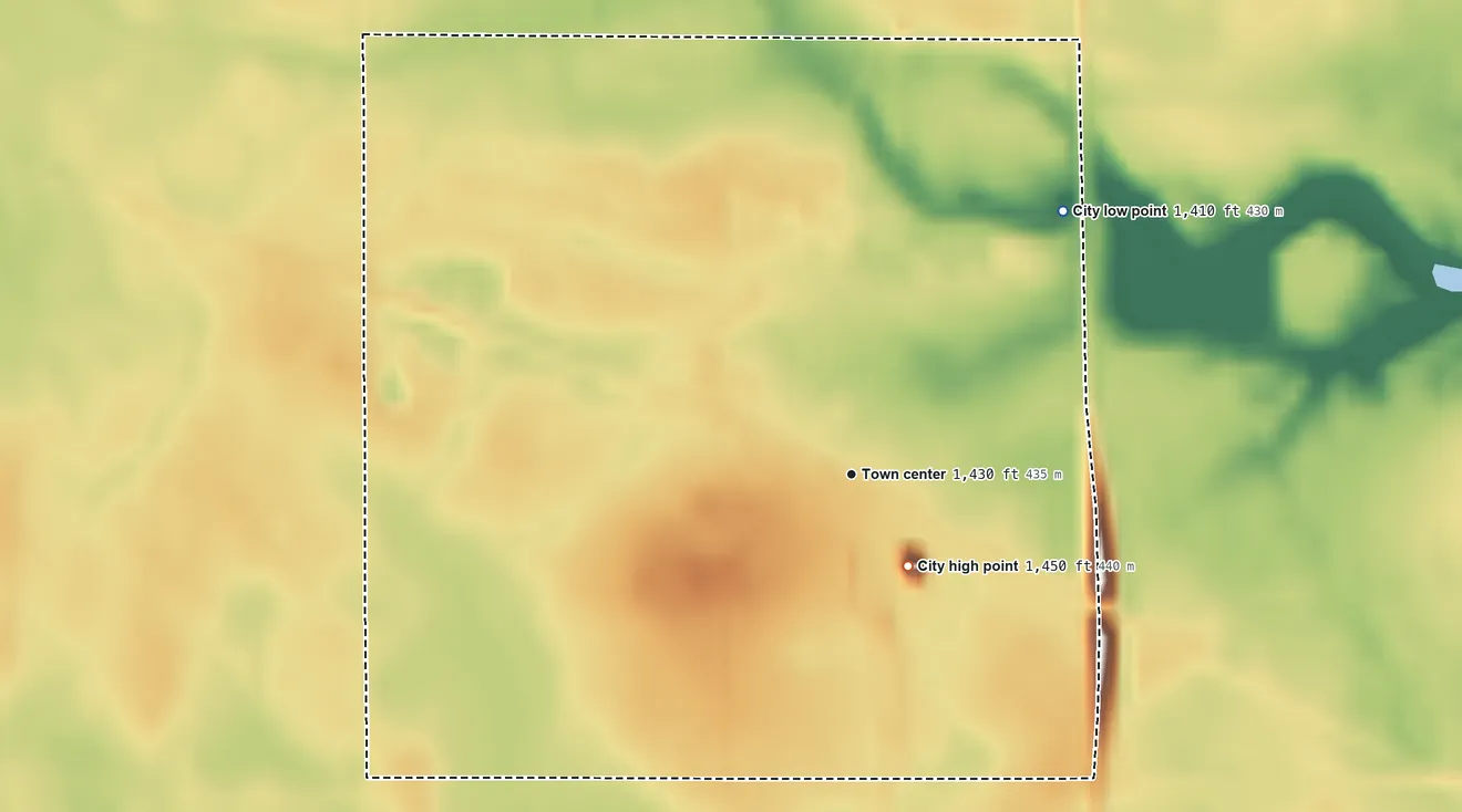 Topographic elevation map of Rogers, North Dakota, shaded from 1,410 ft on the northeast side to 1,450 ft on the southeast side