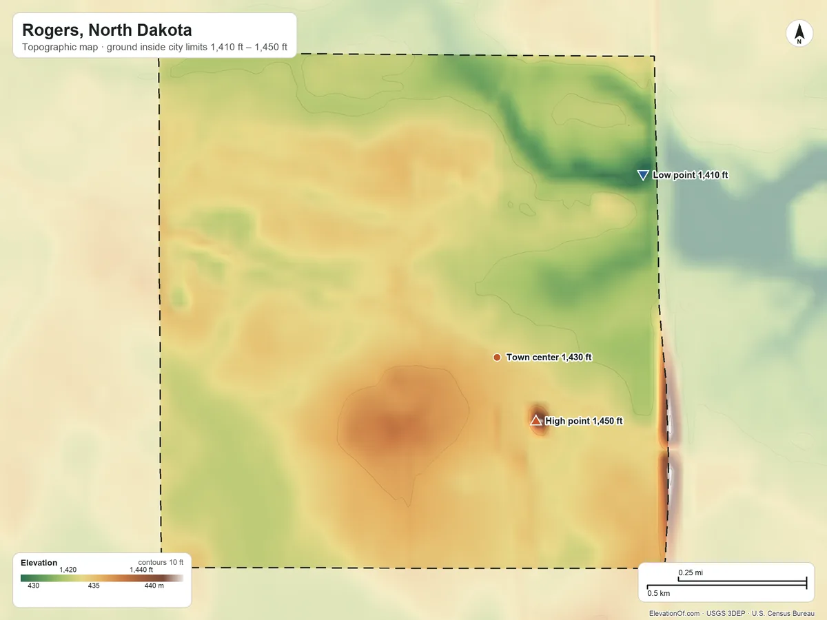 Topographic elevation map of Rogers, North Dakota, shaded from 1,410 ft on the northeast side to 1,450 ft on the southeast side