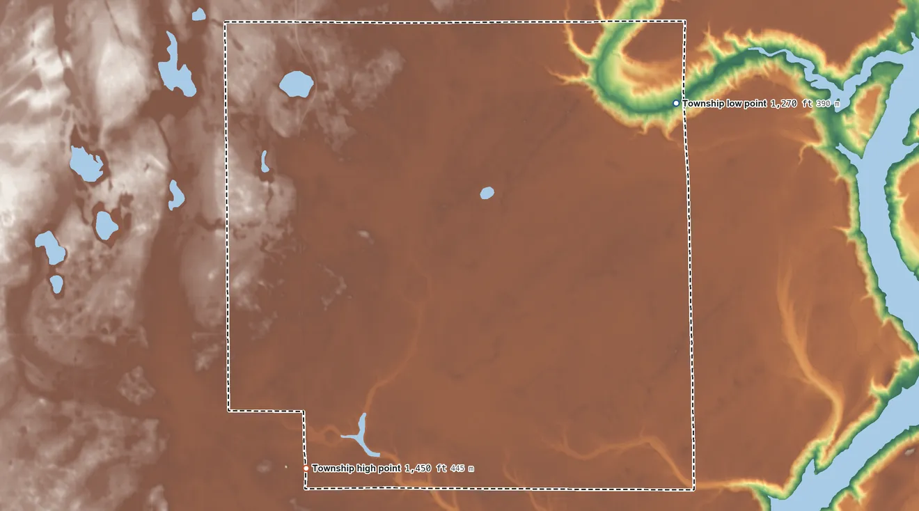 Topographic elevation map of Rogers Township, North Dakota, shaded from 1,270 ft on the northeast side to 1,450 ft on the southwest side