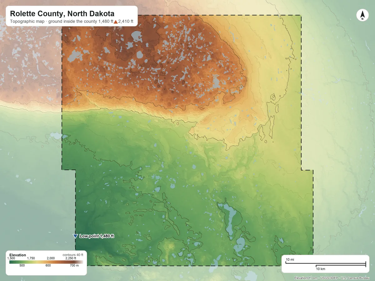 Topographic elevation map of Rolette County, North Dakota, shaded from 1,480 ft on the southwest side to 2,410 ft on the northwest side
