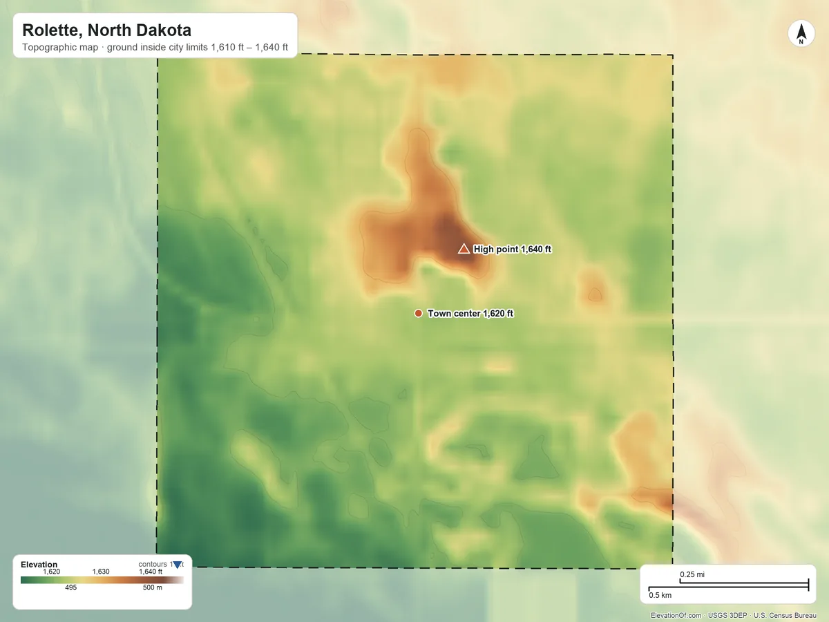 Topographic elevation map of Rolette, North Dakota, shaded from 1,610 ft on the southwest side to 1,640 ft on the northeast side