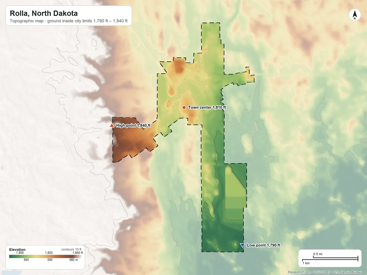 Topographic elevation map of Rolla, North Dakota, shaded from 1,790 ft on the southeast side to 1,840 ft on the west side