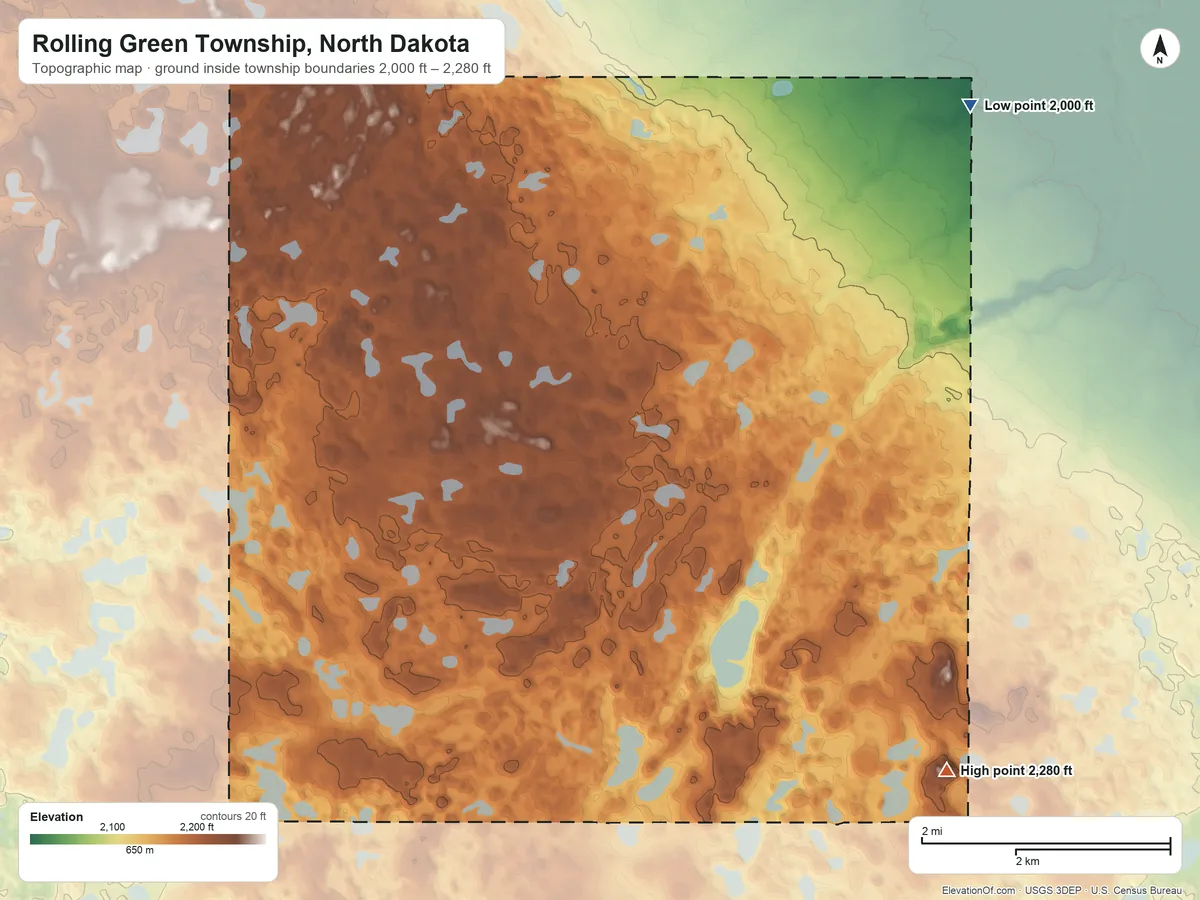 Topographic elevation map of Rolling Green Township, North Dakota, shaded from 2,000 ft on the northeast side to 2,280 ft on the southeast side