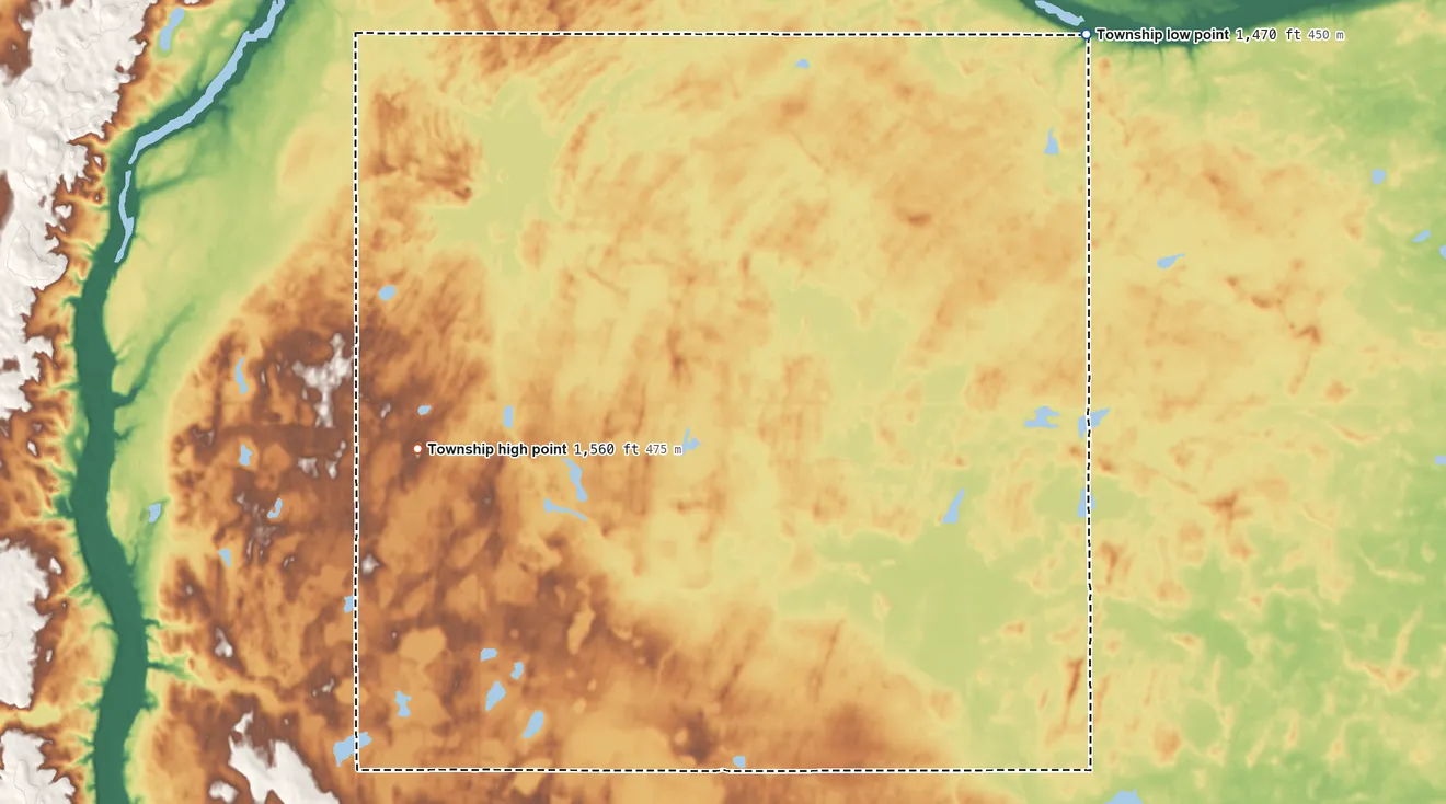 Topographic elevation map of Rolling Prairie Township, North Dakota, shaded from 1,470 ft on the northeast side to 1,560 ft on the west side