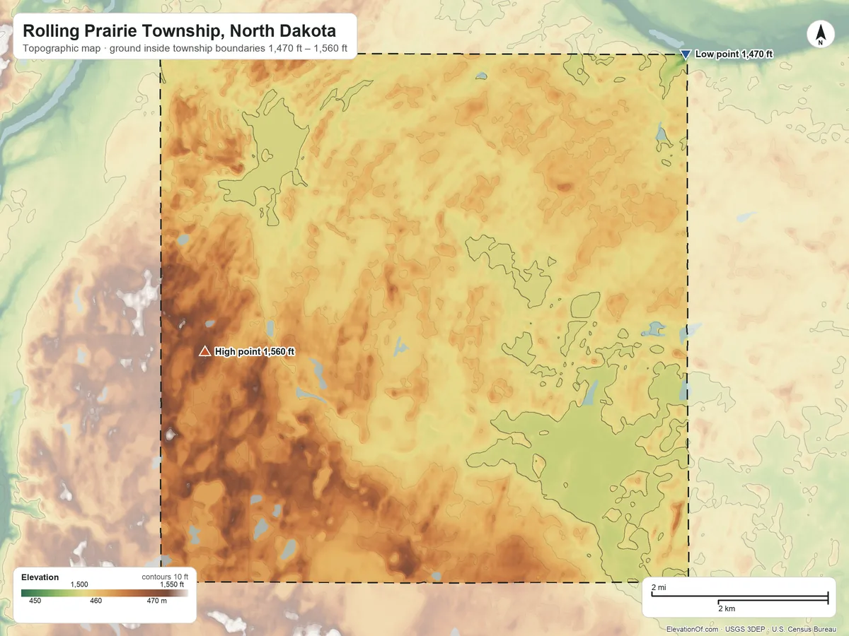 Topographic elevation map of Rolling Prairie Township, North Dakota, shaded from 1,470 ft on the northeast side to 1,560 ft on the west side